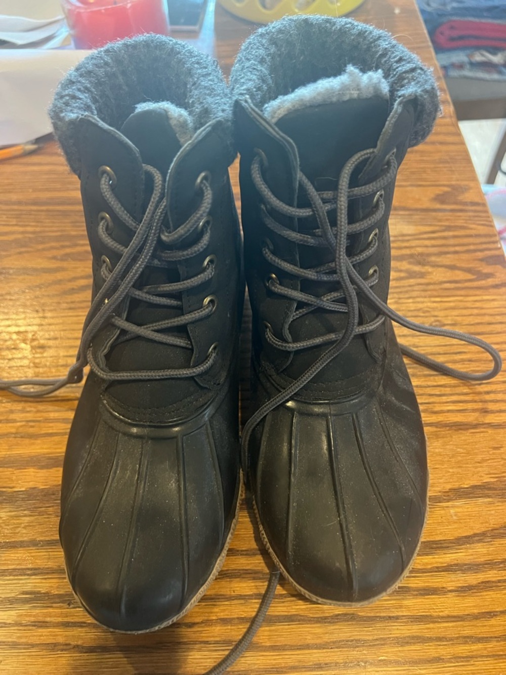 fabkids Black Lace-Up Duck Boots with Gray Fleece Lining